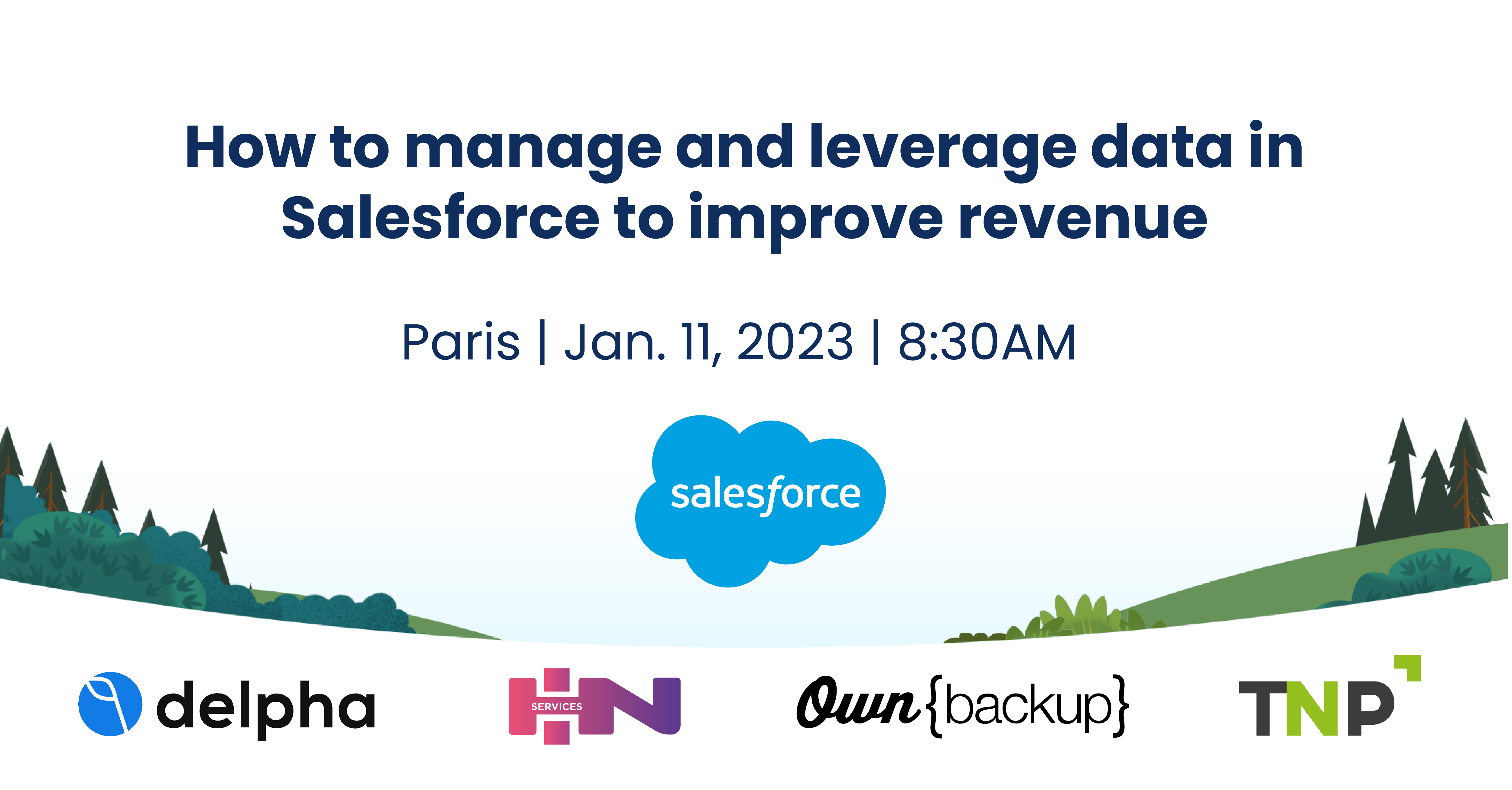 Salesforce event promotion graphic with partner logos including delpha, HN Services, OwnBackup and TNP